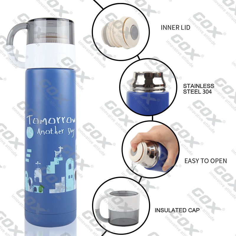 GOX China OEM Dual-wall Insulated Stainless Steel Water Bottle With Plastic Cup 7